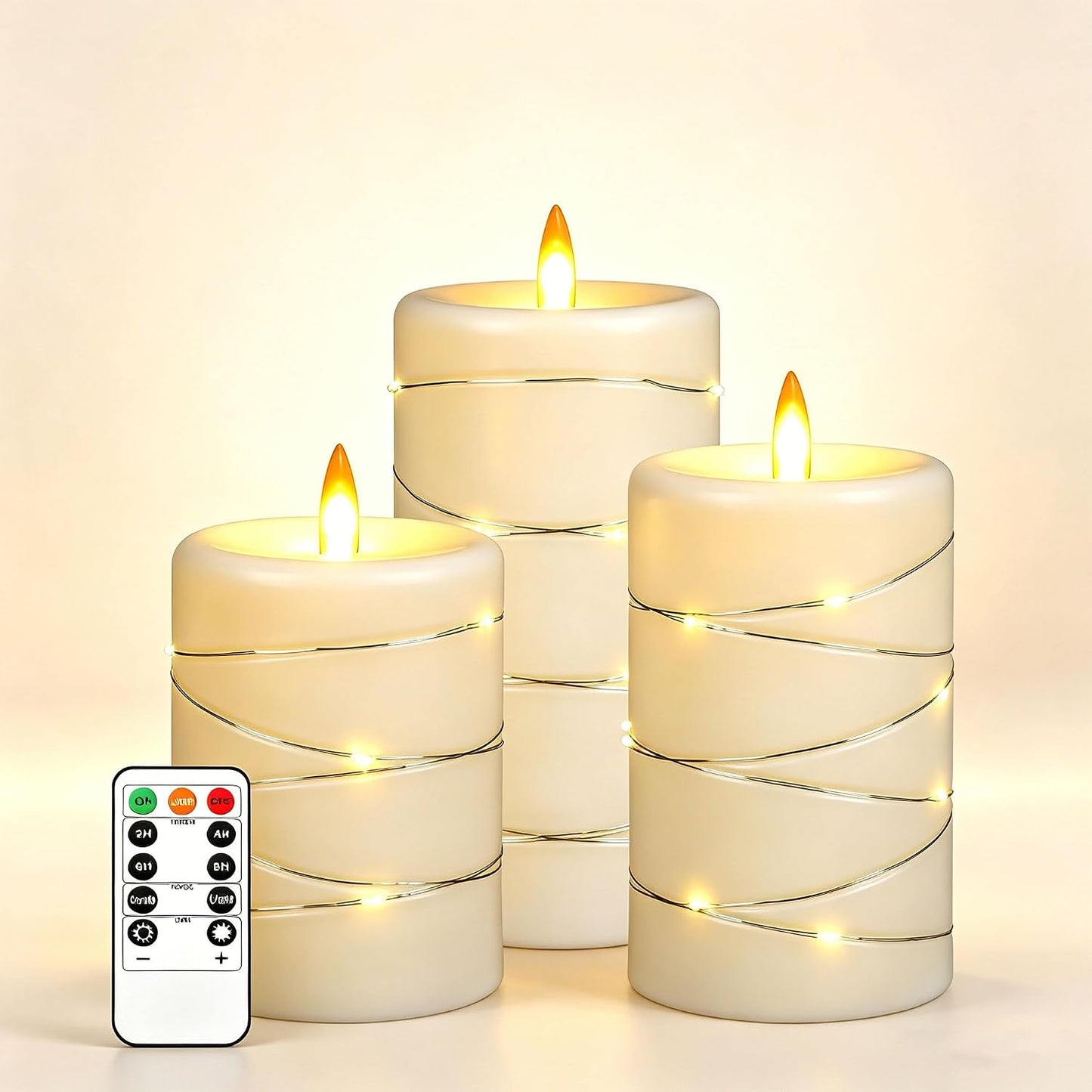 3 Pack Ivory Real Wax Flameless Taper Candles, Lifelike Flickering LED Flame Candles with Surrounding Copper String Lights, Soft Warm Battery Candles with Remote for Home Wedding Holiday Decor