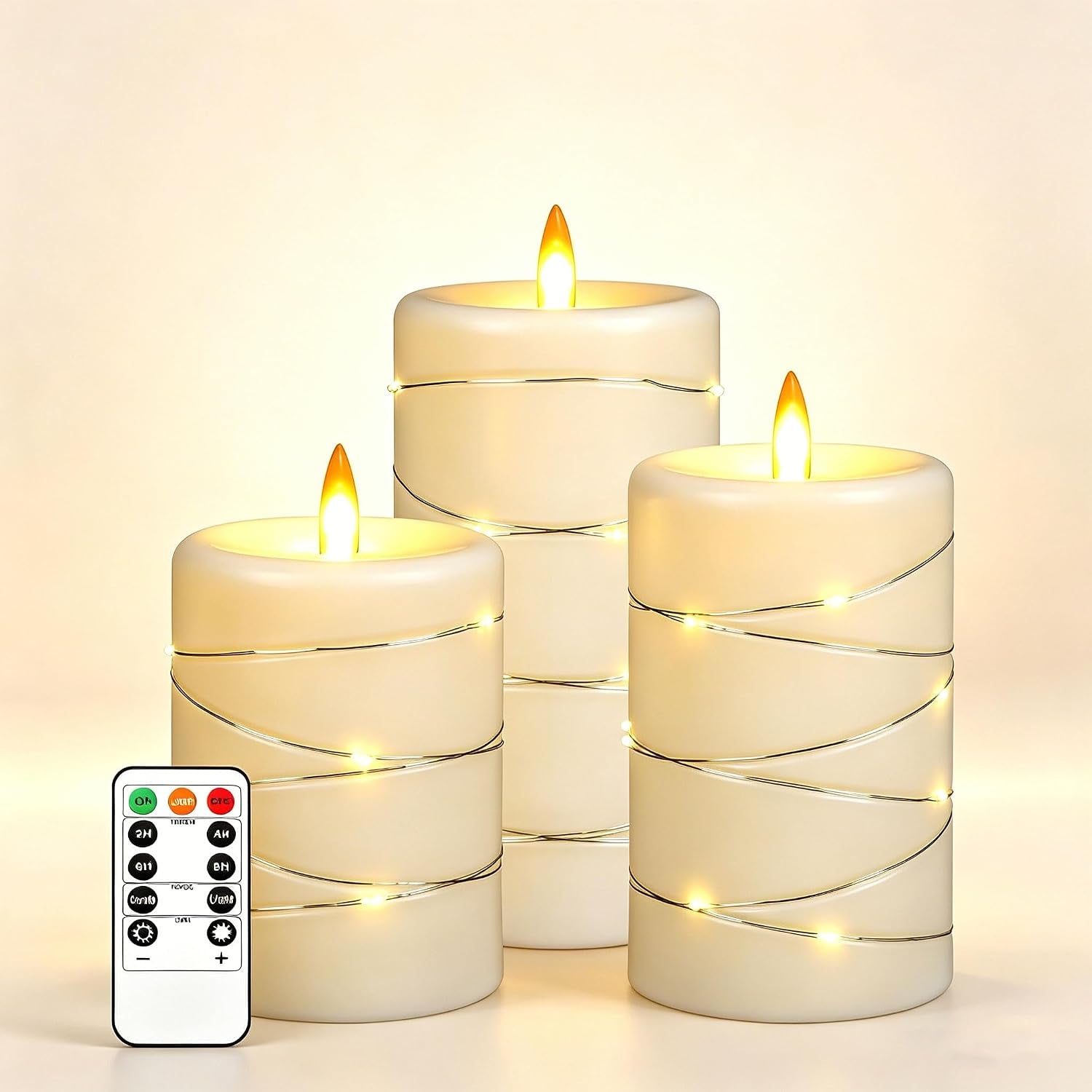 3 Pack Ivory Real Wax Flameless Taper Candles, Lifelike Flickering LED Flame Candles with Surrounding Copper String Lights, Soft Warm Battery Candles with Remote for Home Wedding Holiday Decor