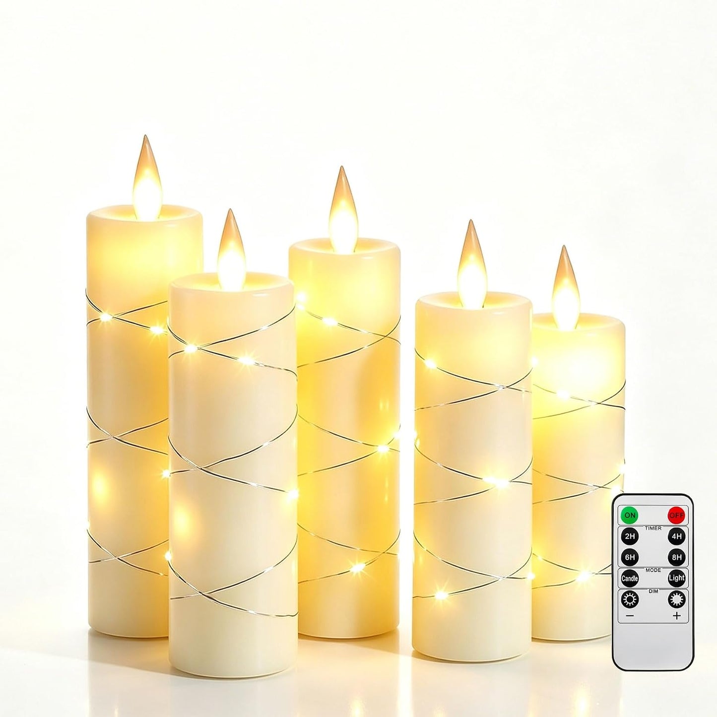 3 Pack Ivory Real Wax Flameless Taper Candles, Lifelike Flickering LED Flame Candles with Surrounding Copper String Lights, Soft Warm Battery Candles with Remote for Home Wedding Holiday Decor