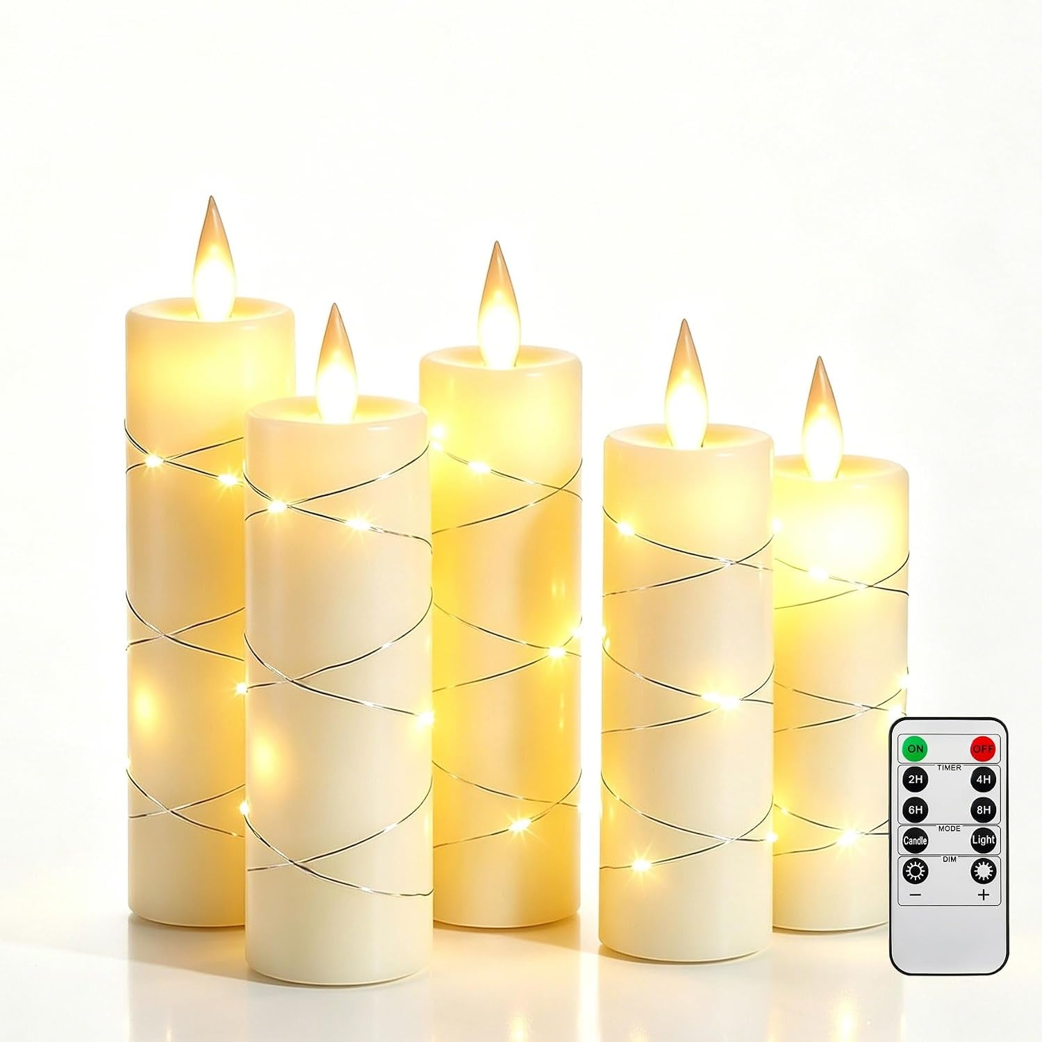 3 Pack Ivory Real Wax Flameless Taper Candles, Lifelike Flickering LED Flame Candles with Surrounding Copper String Lights, Soft Warm Battery Candles with Remote for Home Wedding Holiday Decor