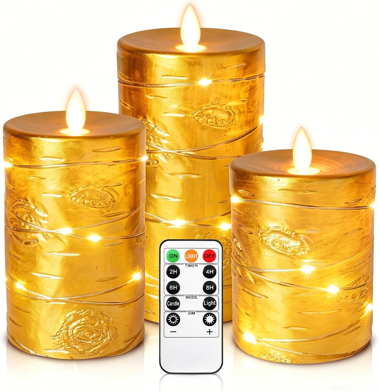3 Pack Ivory Real Wax Flameless Taper Candles, Lifelike Flickering LED Flame Candles with Surrounding Copper String Lights, Soft Warm Battery Candles with Remote for Home Wedding Holiday Decor