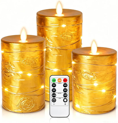 3 Pack Ivory Real Wax Flameless Taper Candles, Lifelike Flickering LED Flame Candles with Surrounding Copper String Lights, Soft Warm Battery Candles with Remote for Home Wedding Holiday Decor
