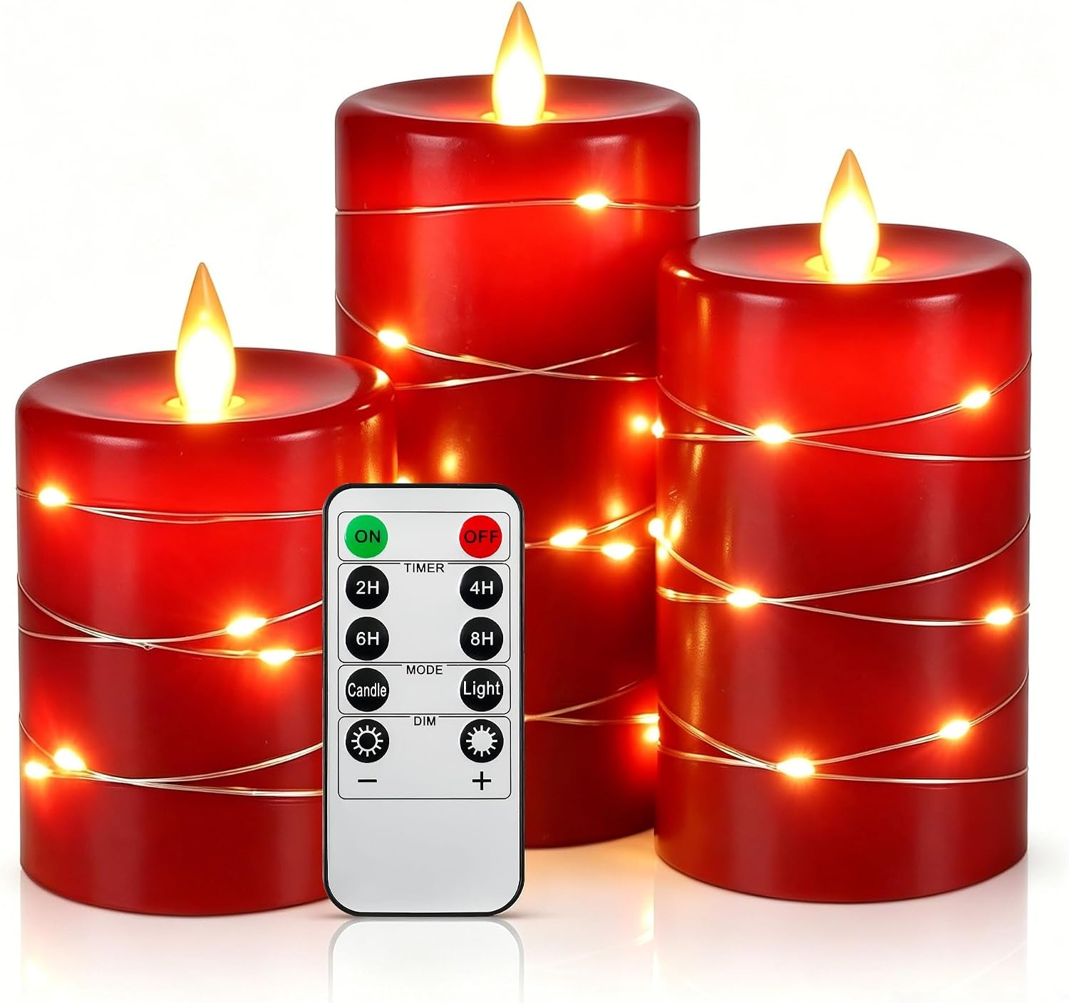 3 Pack Ivory Real Wax Flameless Taper Candles, Lifelike Flickering LED Flame Candles with Surrounding Copper String Lights, Soft Warm Battery Candles with Remote for Home Wedding Holiday Decor