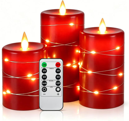 3 Pack Ivory Real Wax Flameless Taper Candles, Lifelike Flickering LED Flame Candles with Surrounding Copper String Lights, Soft Warm Battery Candles with Remote for Home Wedding Holiday Decor