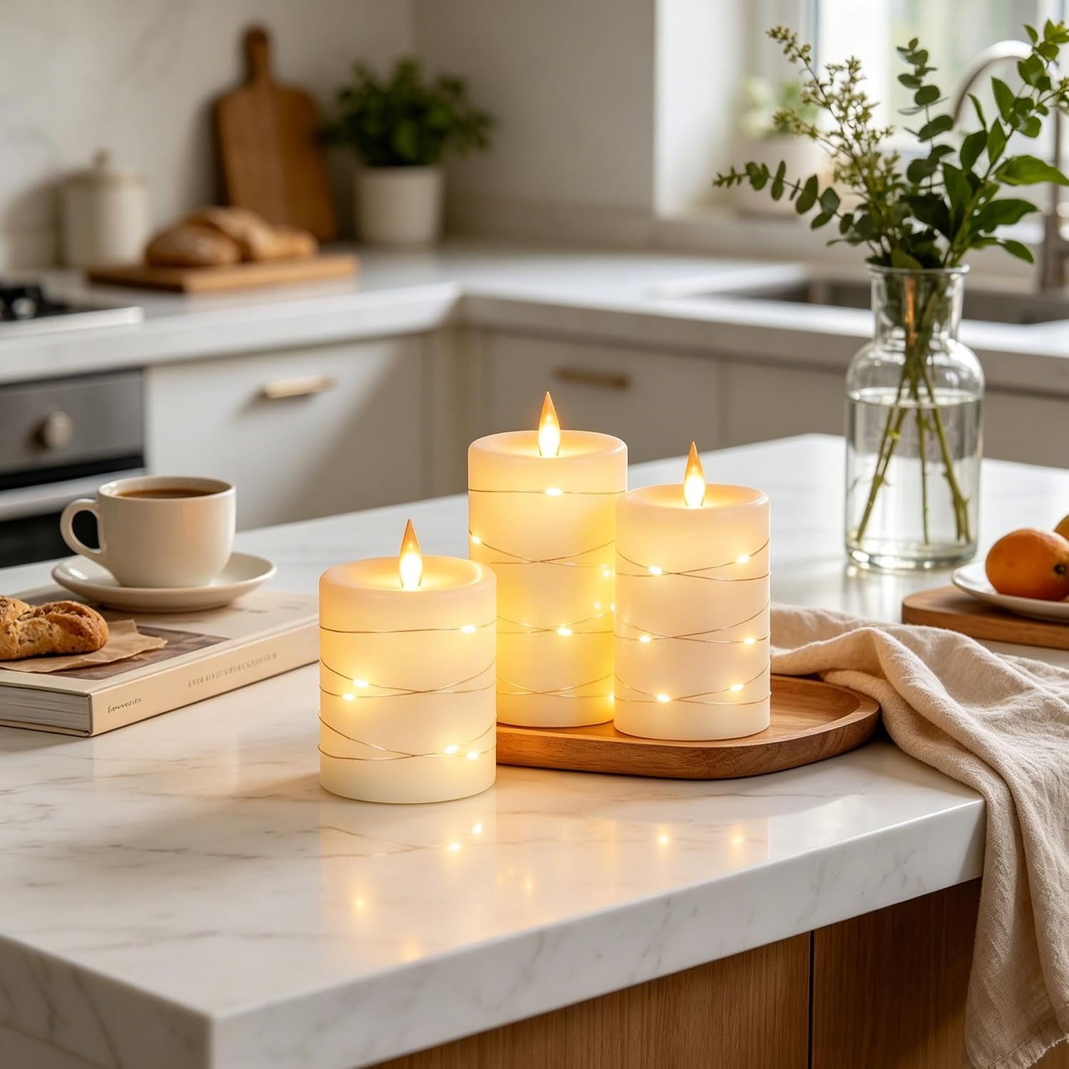 3 Pack Ivory Real Wax Flameless Taper Candles, Lifelike Flickering LED Flame Candles with Surrounding Copper String Lights, Soft Warm Battery Candles with Remote for Home Wedding Holiday Decor