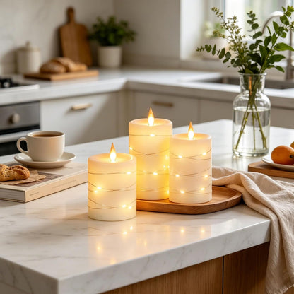 3 Pack Ivory Real Wax Flameless Taper Candles, Lifelike Flickering LED Flame Candles with Surrounding Copper String Lights, Soft Warm Battery Candles with Remote for Home Wedding Holiday Decor