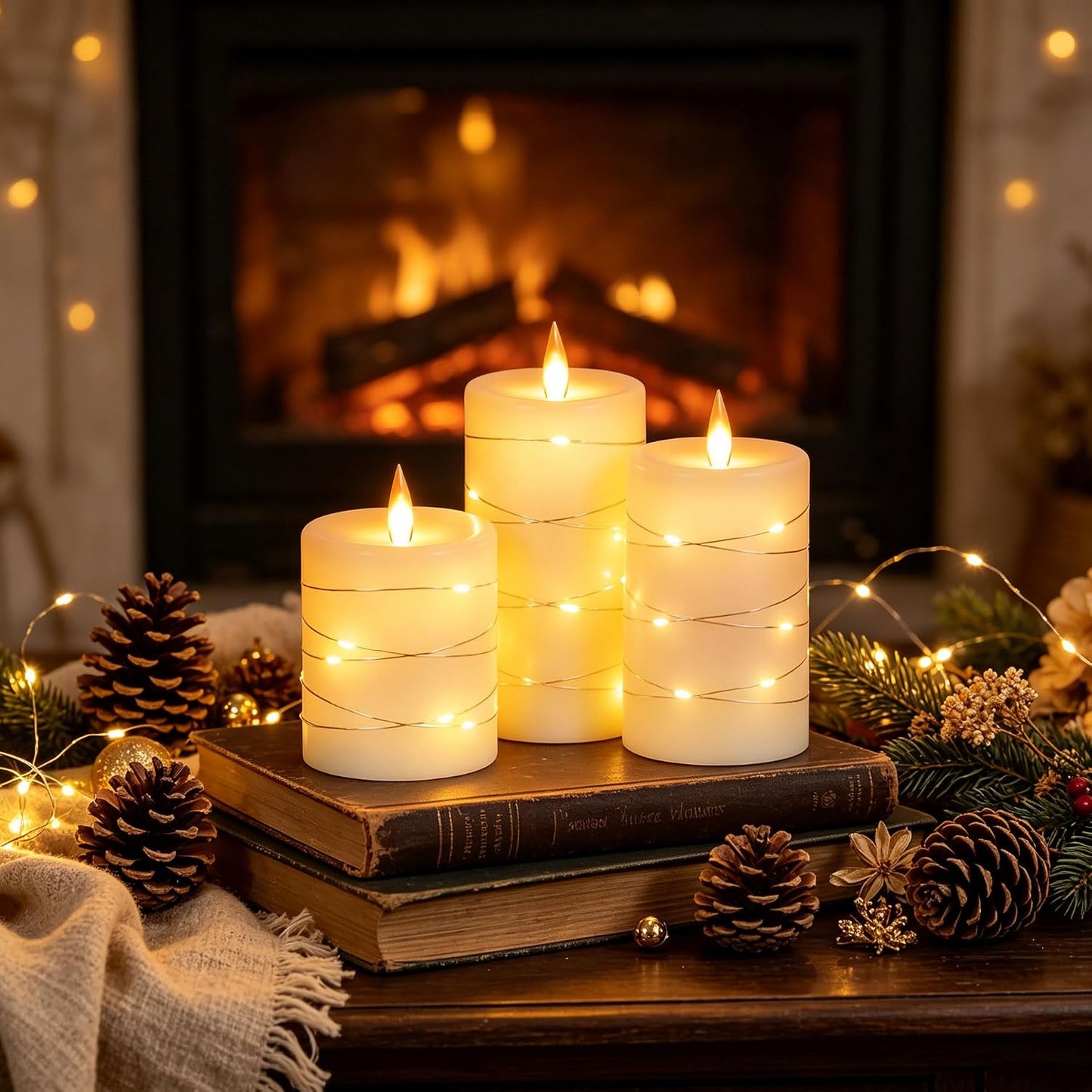 3 Pack Ivory Real Wax Flameless Taper Candles, Lifelike Flickering LED Flame Candles with Surrounding Copper String Lights, Soft Warm Battery Candles with Remote for Home Wedding Holiday Decor