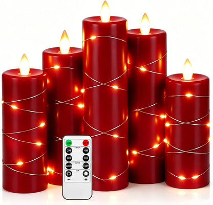 3 Pack Ivory Real Wax Flameless Taper Candles, Lifelike Flickering LED Flame Candles with Surrounding Copper String Lights, Soft Warm Battery Candles with Remote for Home Wedding Holiday Decor