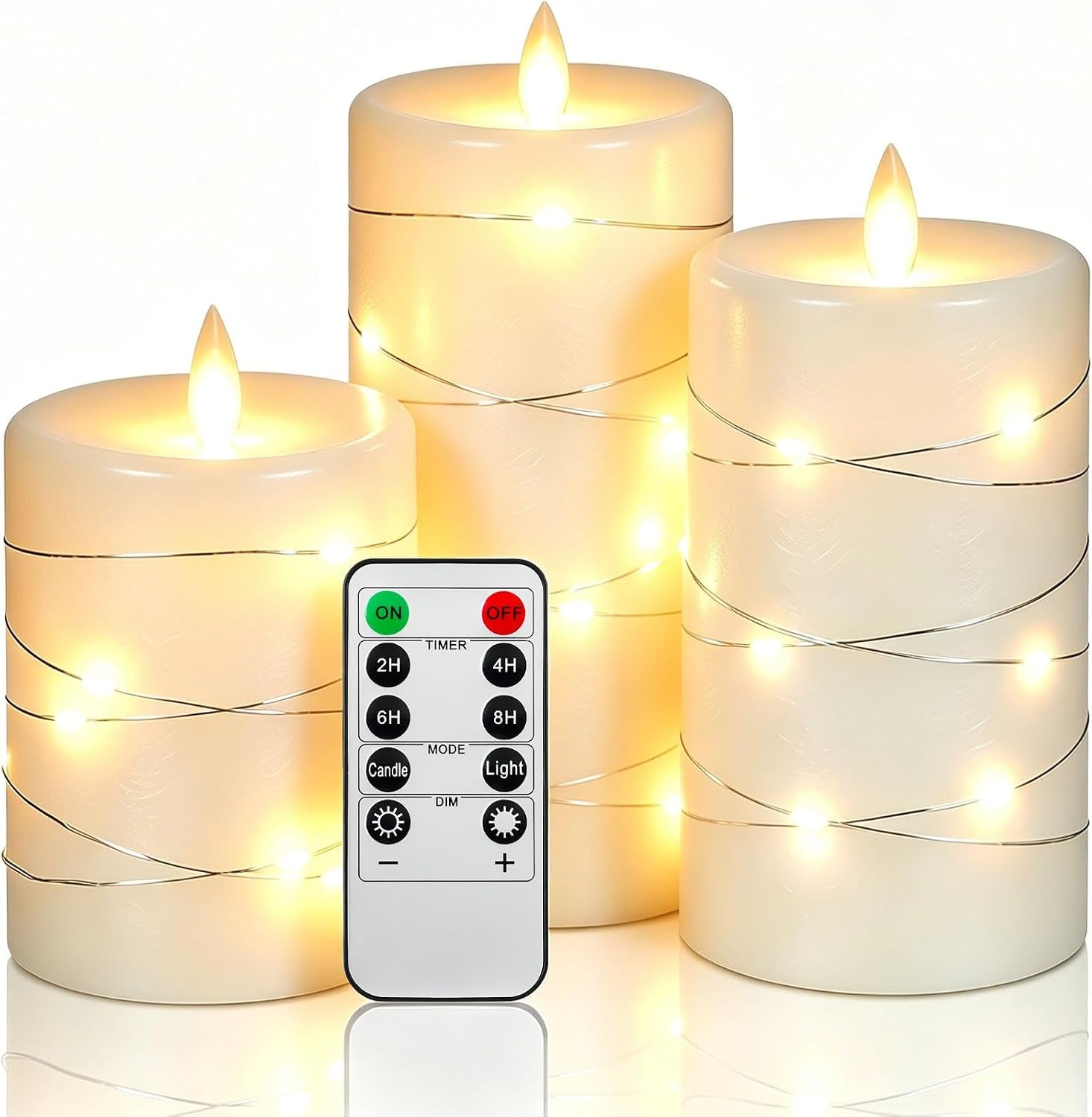 3 Pack Ivory Real Wax Flameless Taper Candles, Lifelike Flickering LED Flame Candles with Surrounding Copper String Lights, Soft Warm Battery Candles with Remote for Home Wedding Holiday Decor