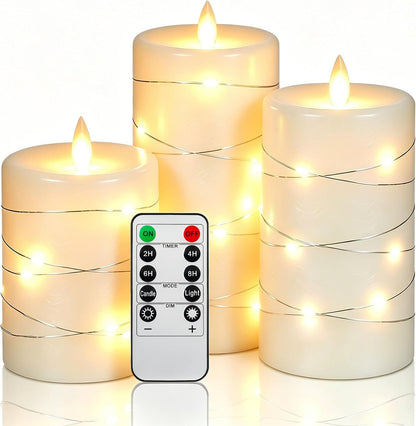 3 Pack Ivory Real Wax Flameless Taper Candles, Lifelike Flickering LED Flame Candles with Surrounding Copper String Lights, Soft Warm Battery Candles with Remote for Home Wedding Holiday Decor
