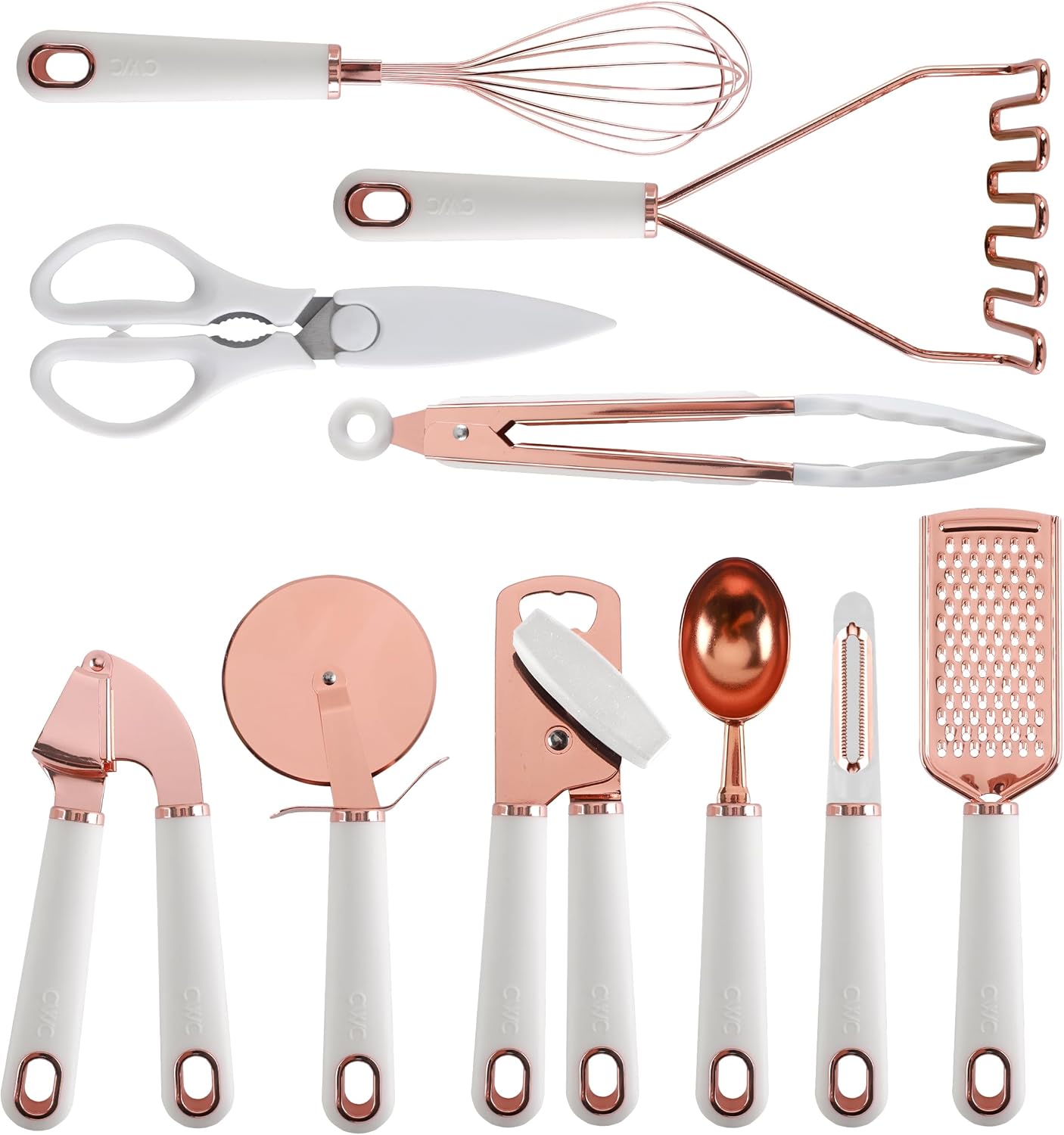 Kitchen Gadget Set Copper Plated Stainless Steel Utensils with Soft Touch Handles, Copper White, 7 Pieces