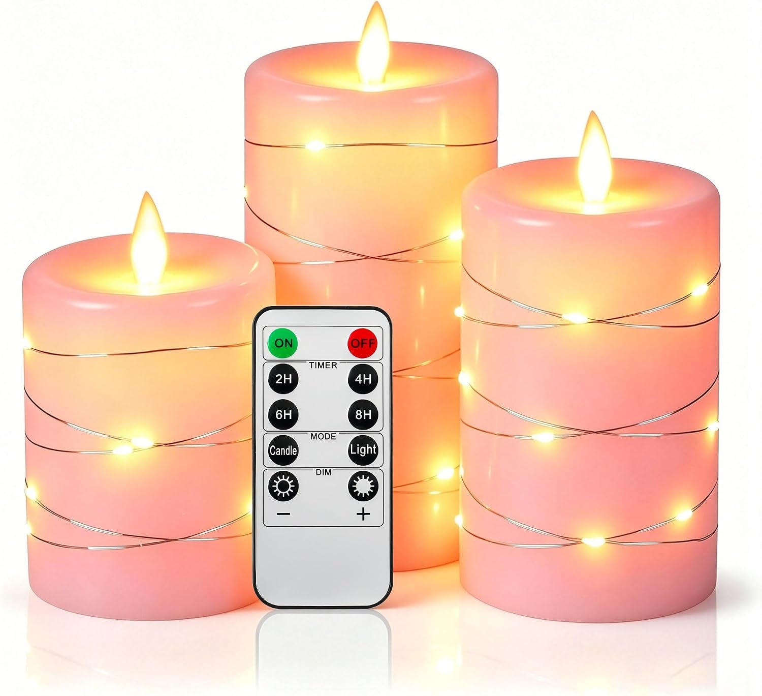 3 Pack Ivory Real Wax Flameless Taper Candles, Lifelike Flickering LED Flame Candles with Surrounding Copper String Lights, Soft Warm Battery Candles with Remote for Home Wedding Holiday Decor
