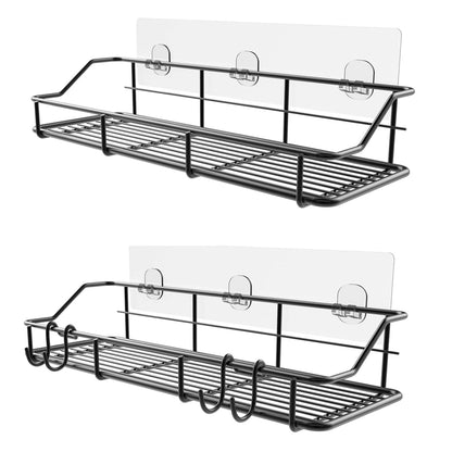 Elevate Your Bathroom Organization with Our Rustproof Adhesive Shower Caddy 2-Pack – Stylish Black Shelf Organizer with Hooks!