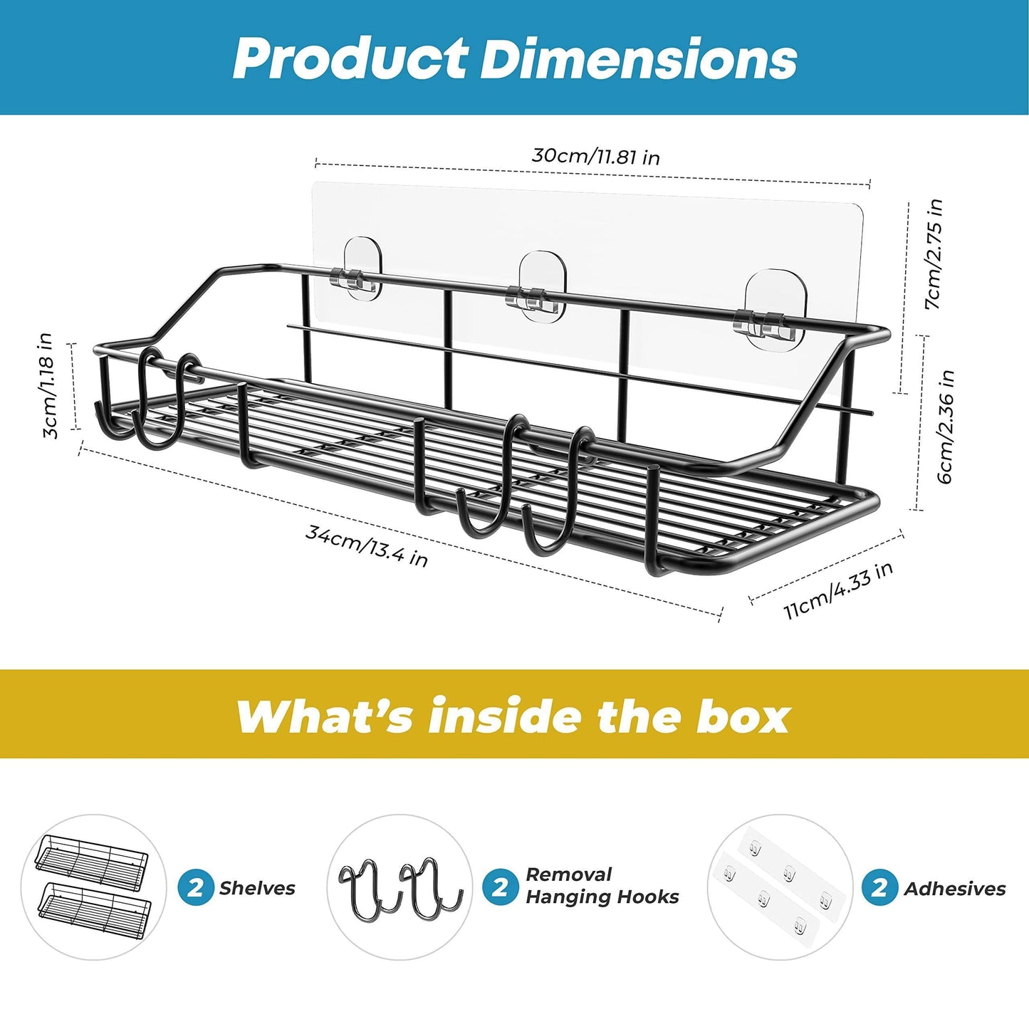 Elevate Your Bathroom Organization with Our Rustproof Adhesive Shower Caddy 2-Pack – Stylish Black Shelf Organizer with Hooks!
