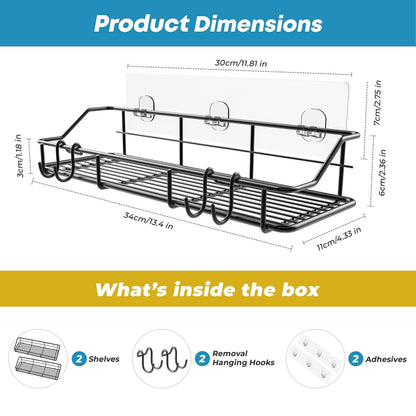Elevate Your Bathroom Organization with Our Rustproof Adhesive Shower Caddy 2-Pack – Stylish Black Shelf Organizer with Hooks!