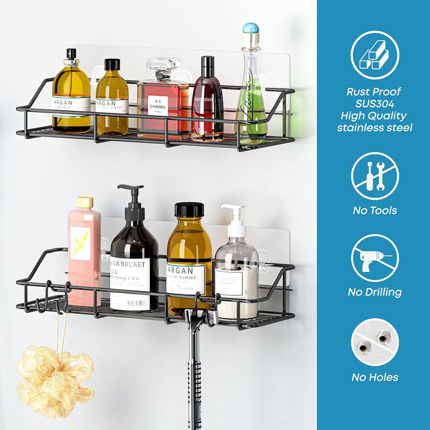 Elevate Your Bathroom Organization with Our Rustproof Adhesive Shower Caddy 2-Pack – Stylish Black Shelf Organizer with Hooks!