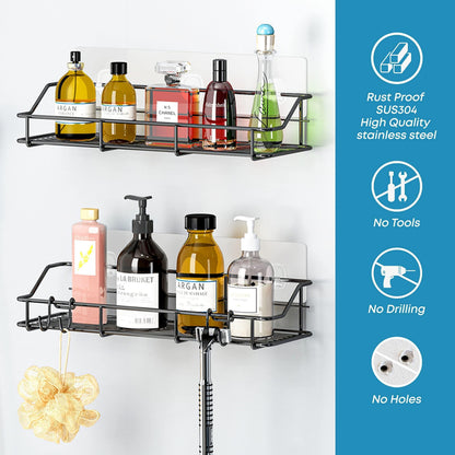 Elevate Your Bathroom Organization with Our Rustproof Adhesive Shower Caddy 2-Pack – Stylish Black Shelf Organizer with Hooks!