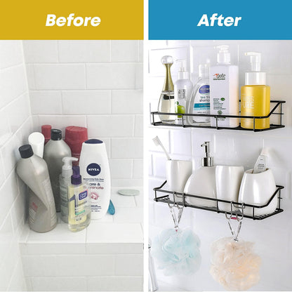 Elevate Your Bathroom Organization with Our Rustproof Adhesive Shower Caddy 2-Pack – Stylish Black Shelf Organizer with Hooks!