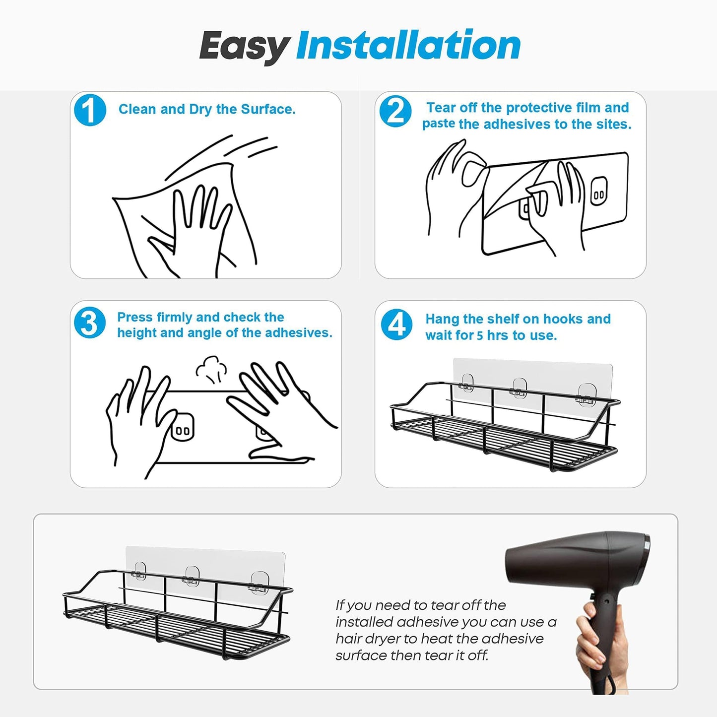 Elevate Your Bathroom Organization with Our Rustproof Adhesive Shower Caddy 2-Pack – Stylish Black Shelf Organizer with Hooks!