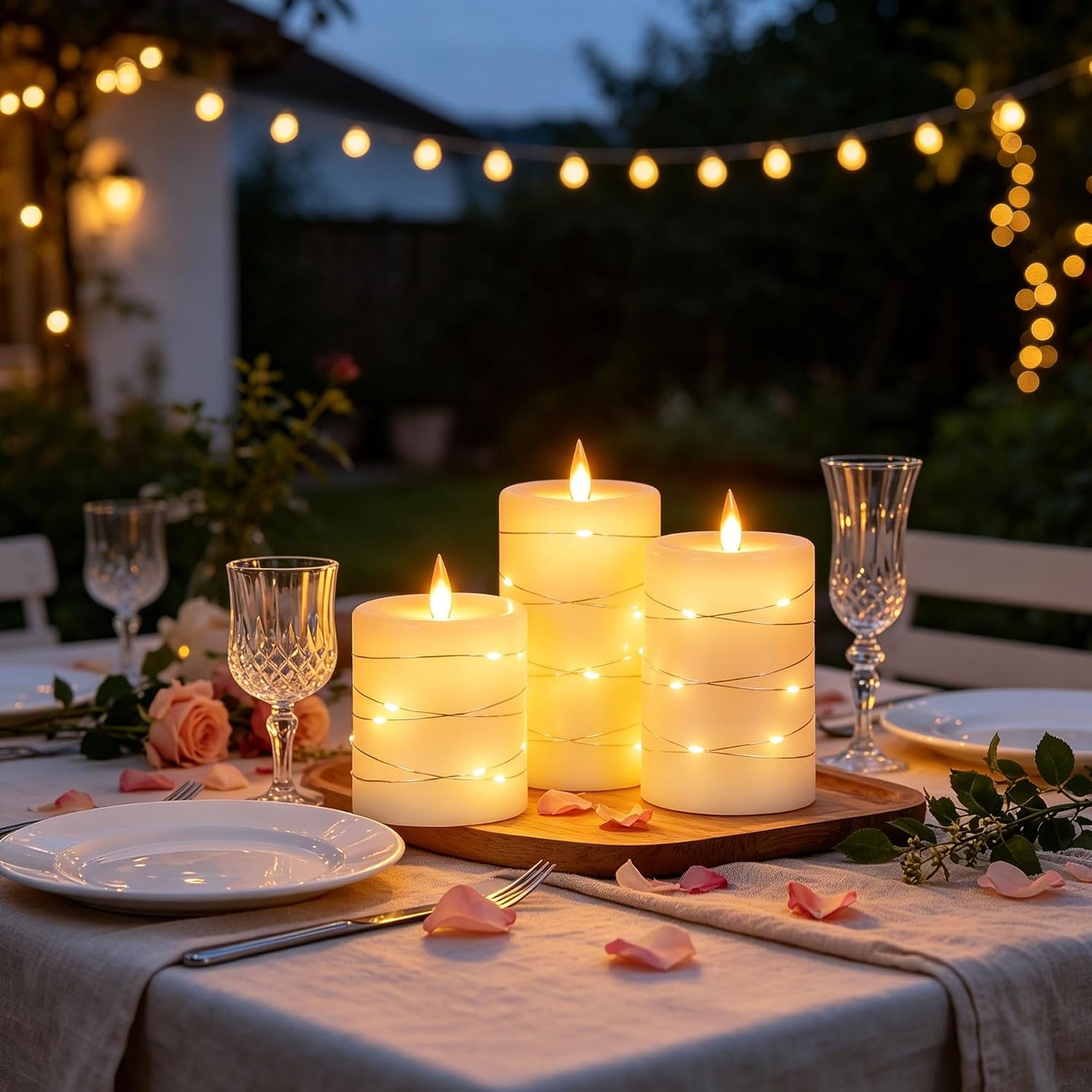 3 Pack Ivory Real Wax Flameless Taper Candles, Lifelike Flickering LED Flame Candles with Surrounding Copper String Lights, Soft Warm Battery Candles with Remote for Home Wedding Holiday Decor