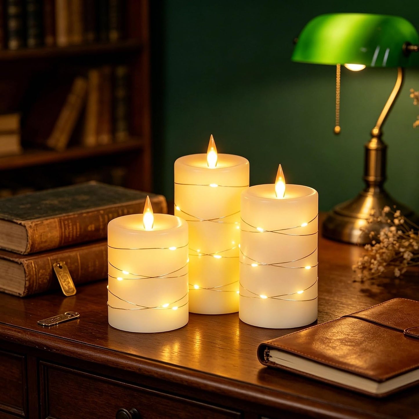 3 Pack Ivory Real Wax Flameless Taper Candles, Lifelike Flickering LED Flame Candles with Surrounding Copper String Lights, Soft Warm Battery Candles with Remote for Home Wedding Holiday Decor