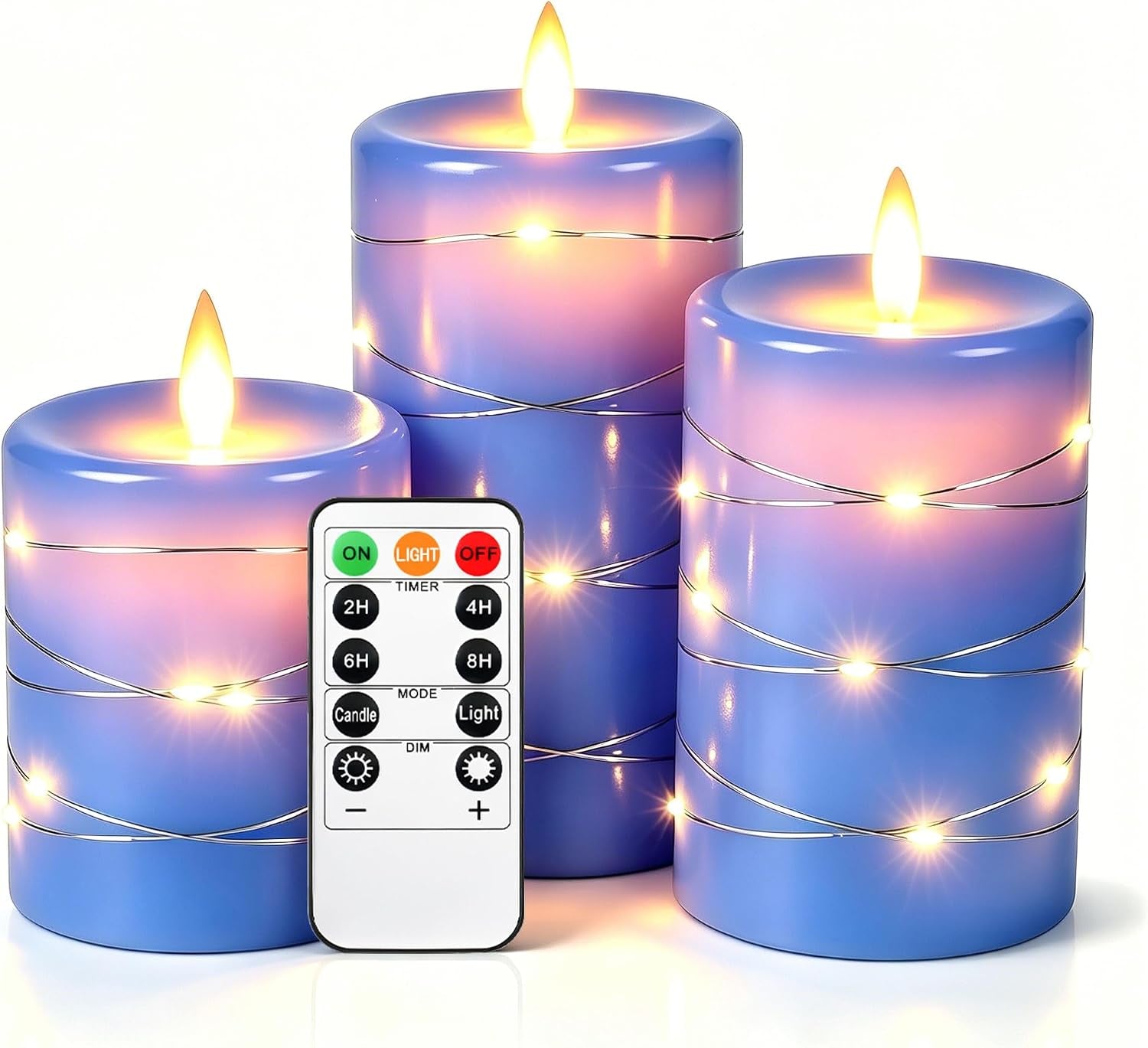 3 Pack Ivory Real Wax Flameless Taper Candles, Lifelike Flickering LED Flame Candles with Surrounding Copper String Lights, Soft Warm Battery Candles with Remote for Home Wedding Holiday Decor