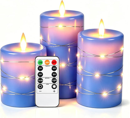 3 Pack Ivory Real Wax Flameless Taper Candles, Lifelike Flickering LED Flame Candles with Surrounding Copper String Lights, Soft Warm Battery Candles with Remote for Home Wedding Holiday Decor