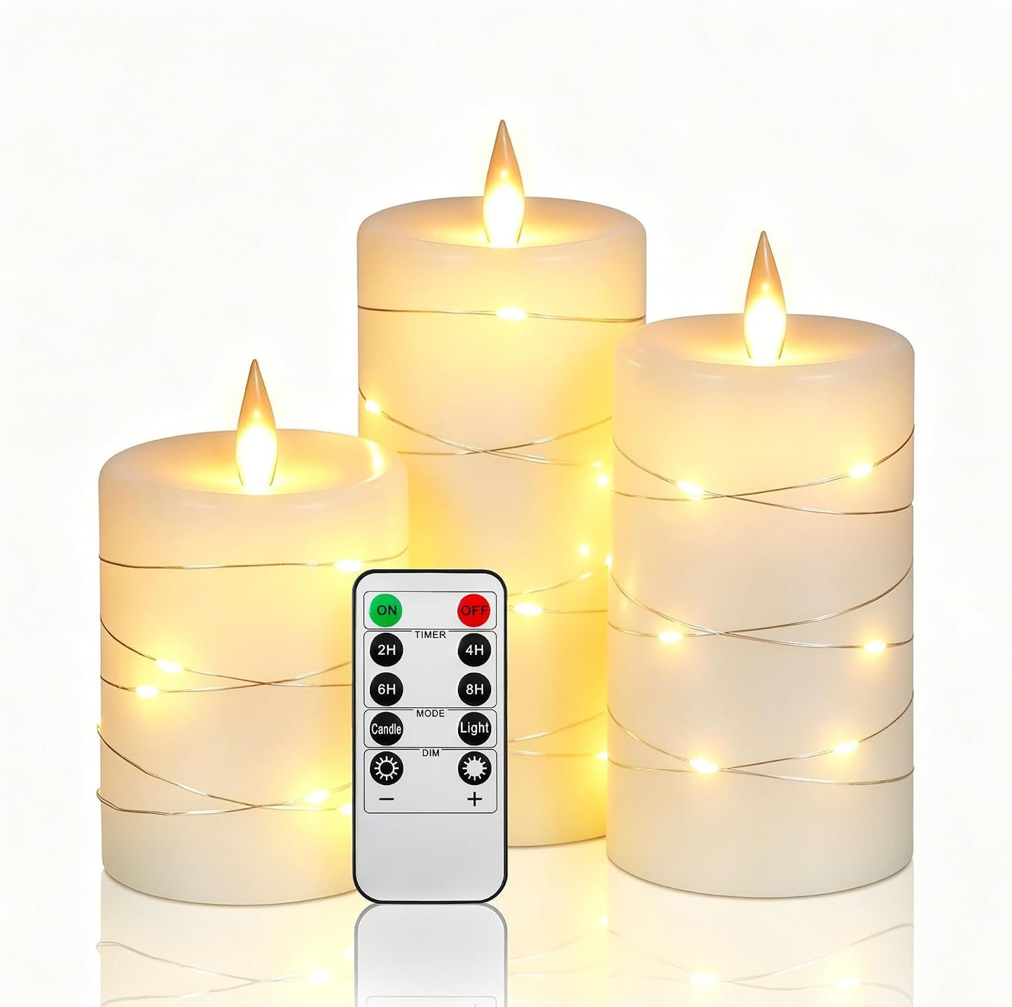 3 Pack Ivory Real Wax Flameless Taper Candles, Lifelike Flickering LED Flame Candles with Surrounding Copper String Lights, Soft Warm Battery Candles with Remote for Home Wedding Holiday Decor