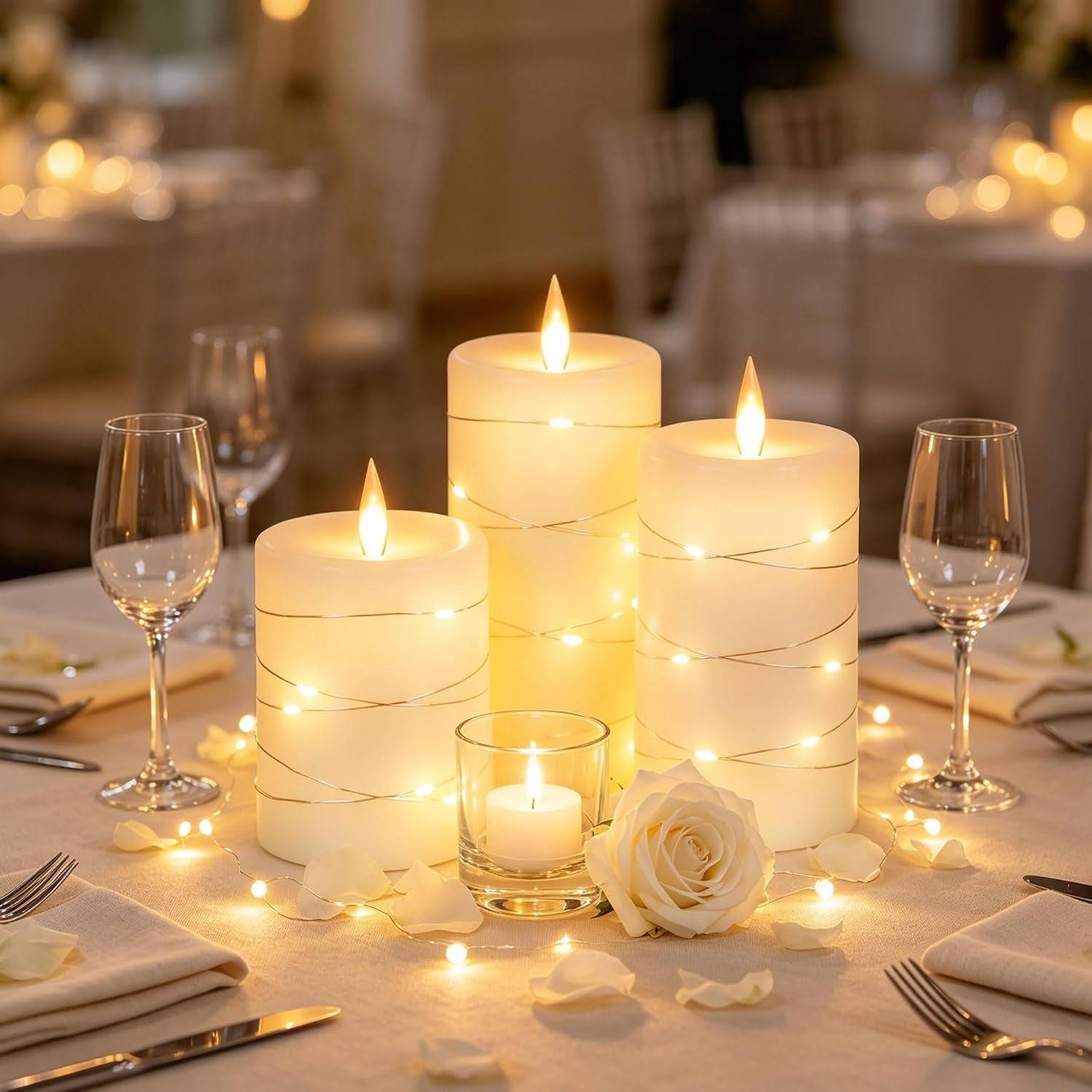 3 Pack Ivory Real Wax Flameless Taper Candles, Lifelike Flickering LED Flame Candles with Surrounding Copper String Lights, Soft Warm Battery Candles with Remote for Home Wedding Holiday Decor