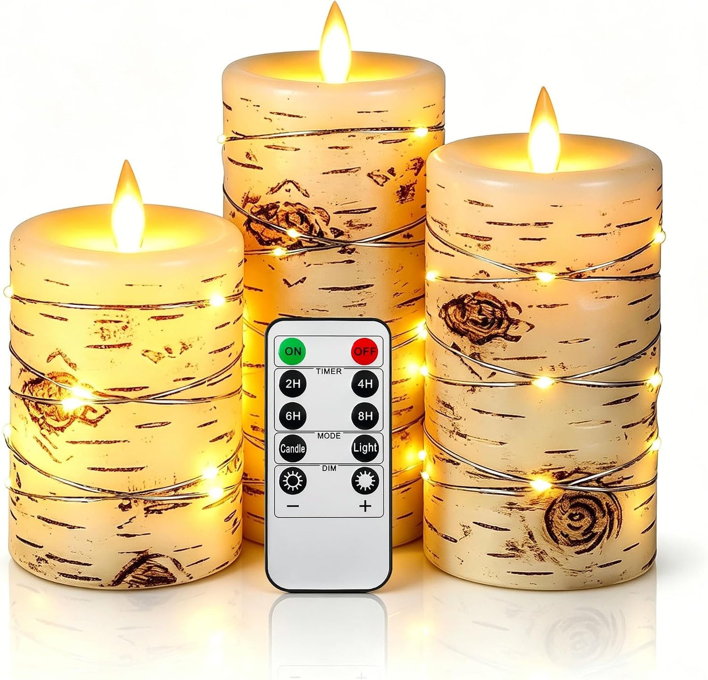3 Pack Ivory Real Wax Flameless Taper Candles, Lifelike Flickering LED Flame Candles with Surrounding Copper String Lights, Soft Warm Battery Candles with Remote for Home Wedding Holiday Decor