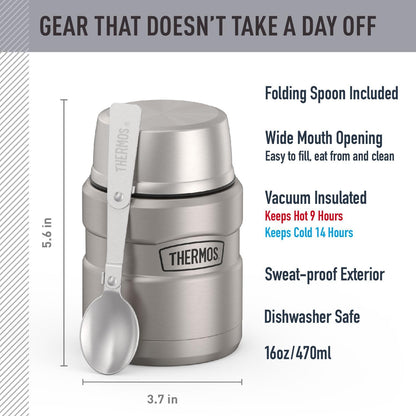 Stainless King Vacuum-Insulated Food Jar with Spoon, 16 Ounce, Matte Stainless Steel